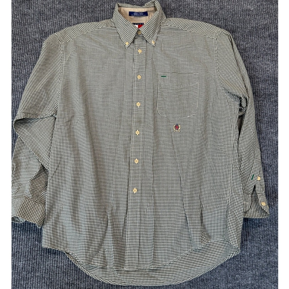 Tommy Hilfiger Vintage‎ Button Down Shirt L Green White Gingham Cotton
